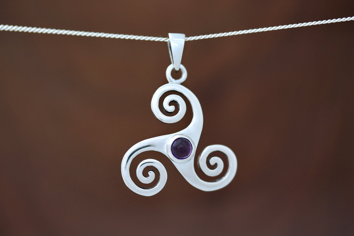 Triskele Stone Pendant - Triple Spiral with Amethyst