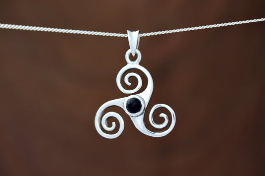 Triskele Stone Pendant - Triple Spiral with Black Onyx
