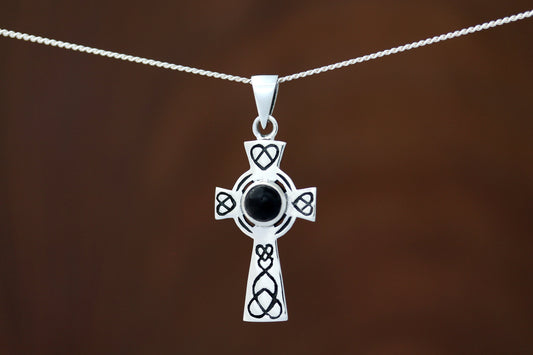 Celtic Cross Pendant - Looped Heart with Black Onyx