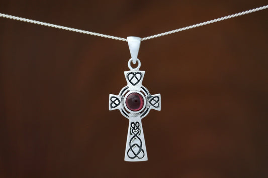 Celtic Cross Pendant - Looped Heart with Red Garnet