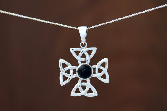 Celtic Cross Pendant - Celtic Wheel Cross with Black Onyx (Medium)