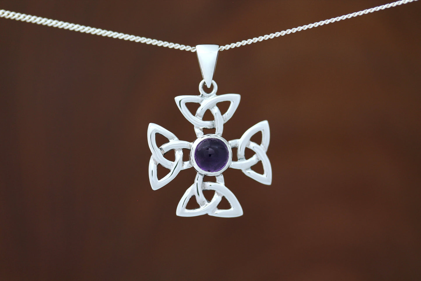 Celtic Cross Pendant - Celtic Wheel Cross with Amethyst (Medium)