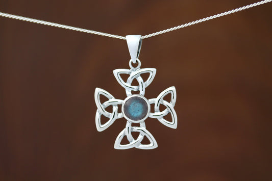 Celtic Cross Pendant - Celtic Wheel Cross with Labradorite (Medium)