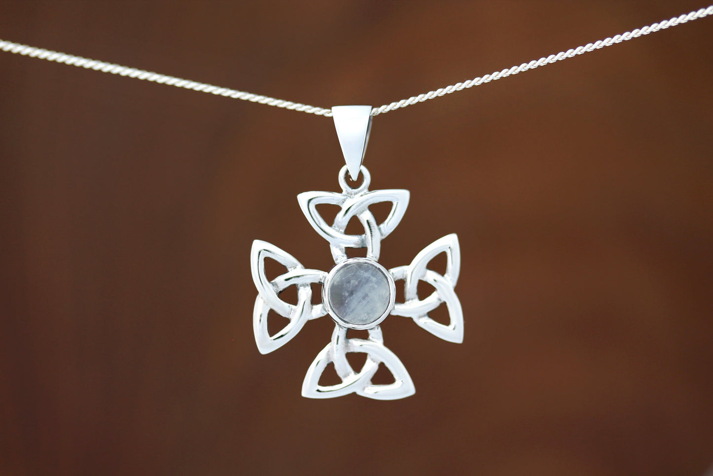 Celtic Cross Pendant - Celtic Wheel Cross with Moonstone (Medium)