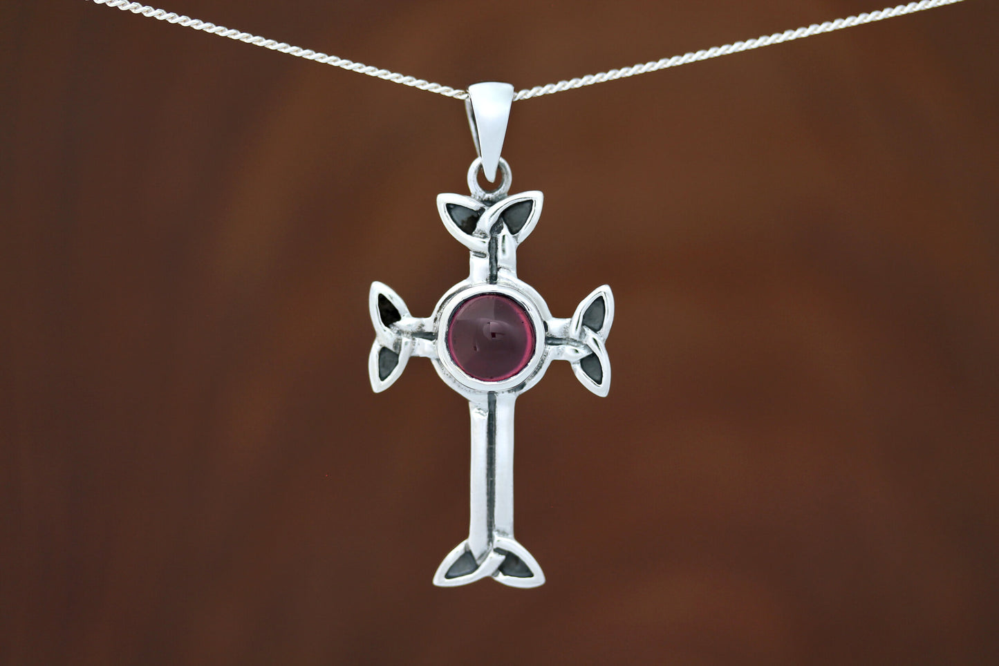 Celtic Cross Pendant - Trinity Arms with Red Garnet