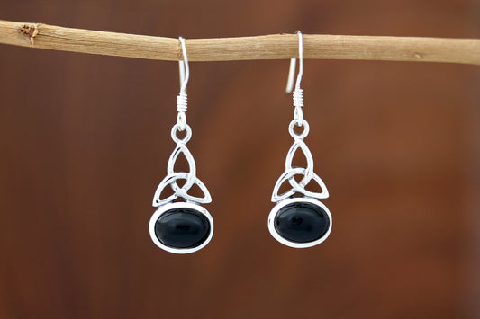 Triquetra Earrings - Simple Trinity Knot with Black Onyx
