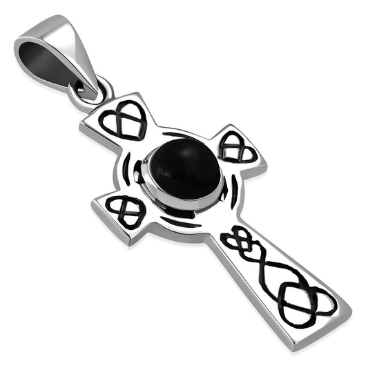 Celtic Cross Pendant - Looped Heart with Black Onyx