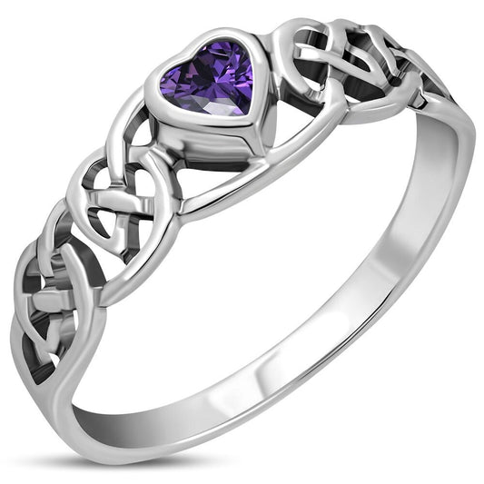 Celtic Stone Ring- Heart with Kells Knot with Violet zircon