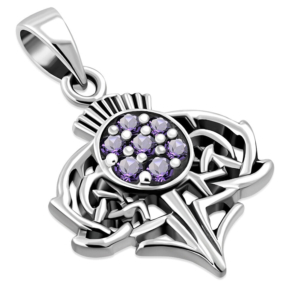 Scottish Thistle Pendant Zircon - Jewelled Crown with Celtic Knot Leaves