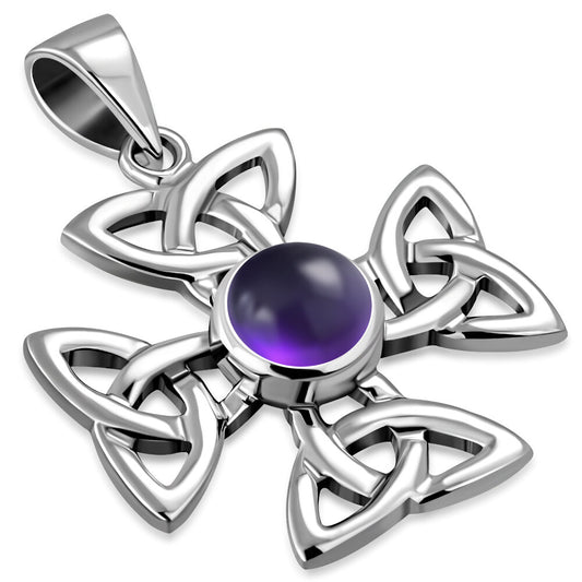 Celtic Cross Pendant - Celtic Wheel Cross with Amethyst (Medium)