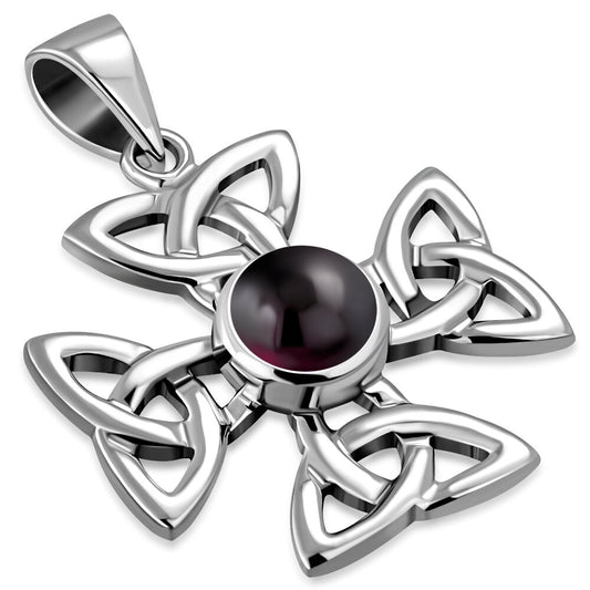 Celtic Cross Pendant - Celtic Wheel Cross with Red Garnet (Medium)