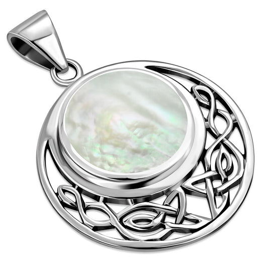 Celtic Stone Pendant - Big Half Filled Moon with Mother of Pearl