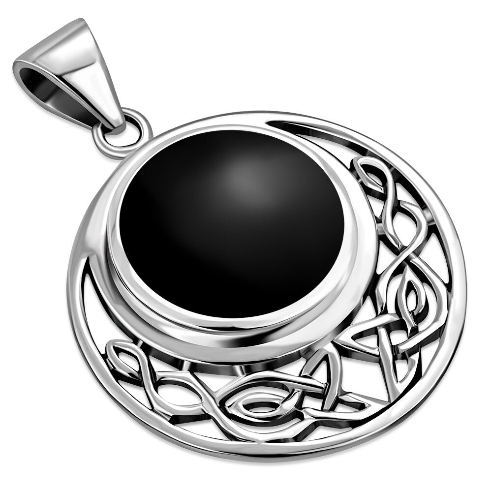 Celtic Stone Pendant- Big Half Filled Moon with Black Onyx