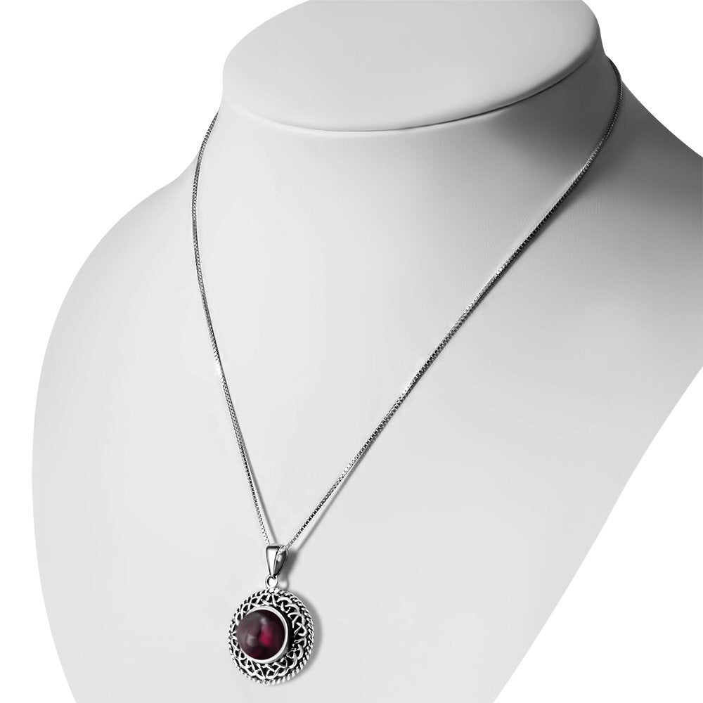 Celtic Stone Pendant - Round Knotted Border with Red Garnet