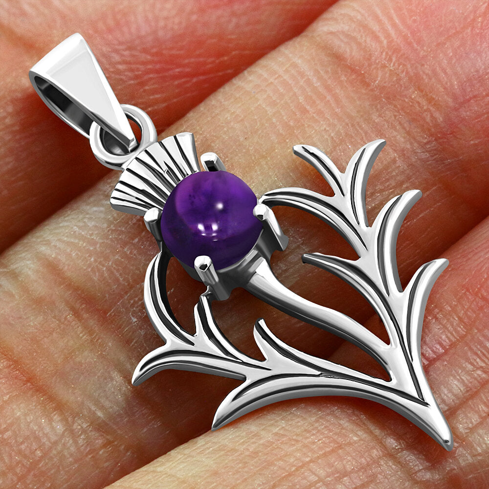 Scottish Thistle Pendant Polished Amethyst - Spiky Leaf