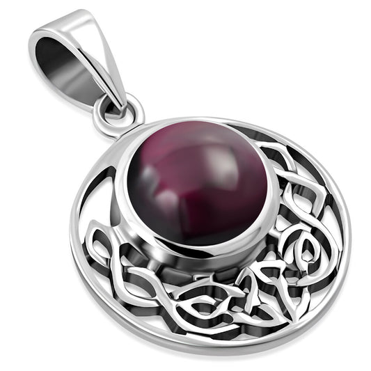 Celtic Stone Pendant - Round Half Moon Knot with Garnet