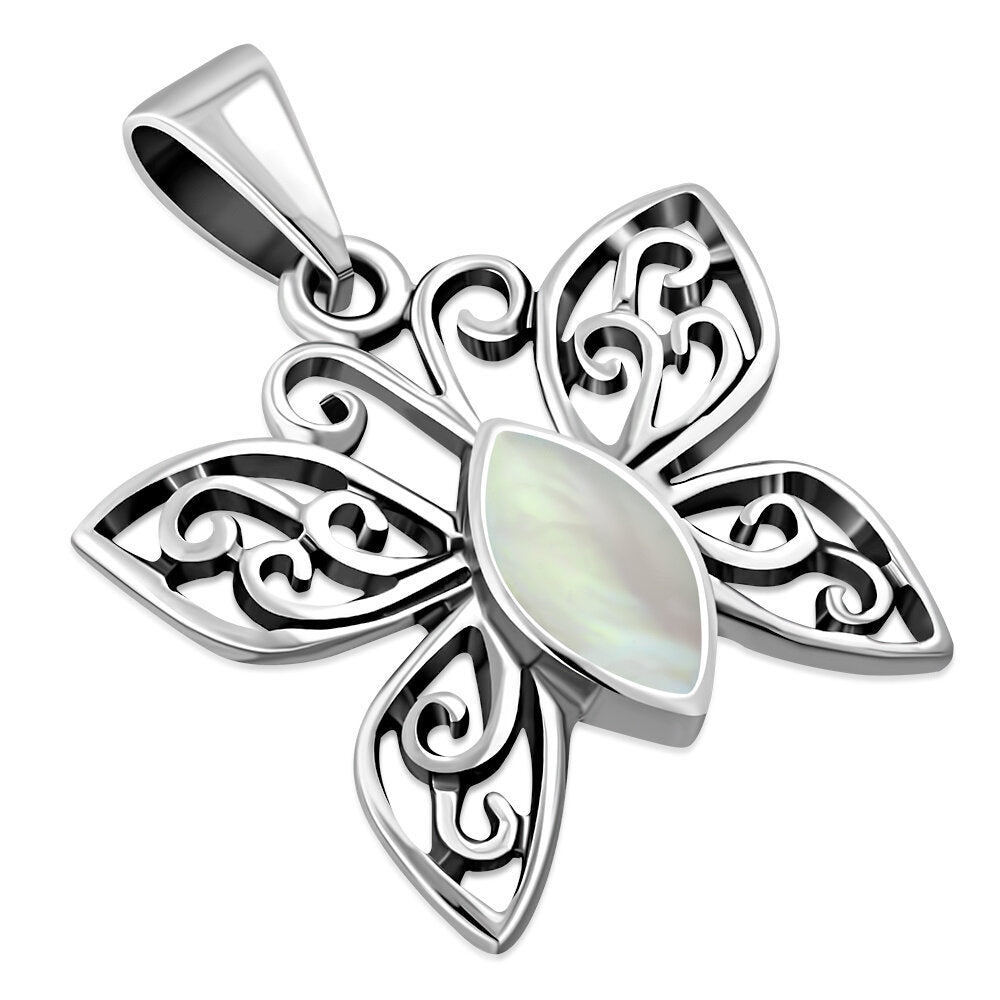 Contemporary Stone Pendant- Butterfly with Filigree Arms with Mother of Pearl