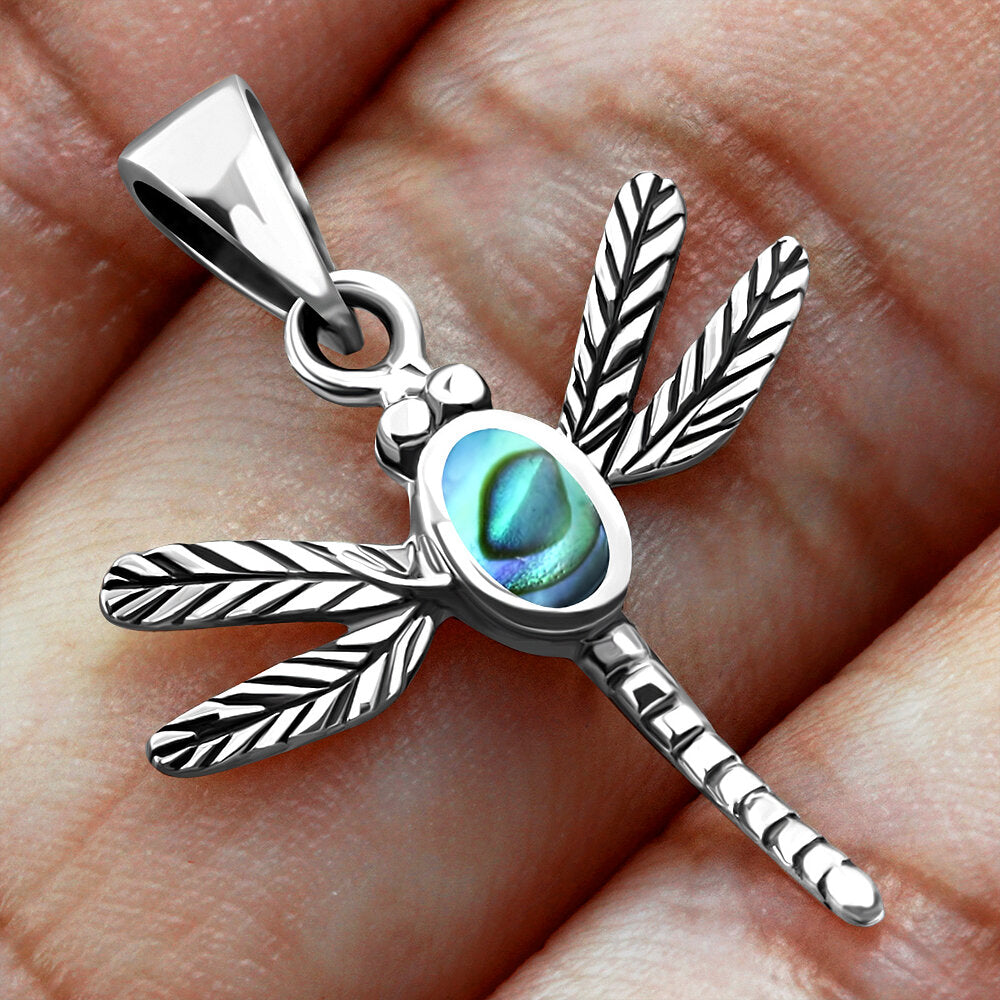 Contemporary Stone Pendant - Dainty Dragonfly with Abalone Shell