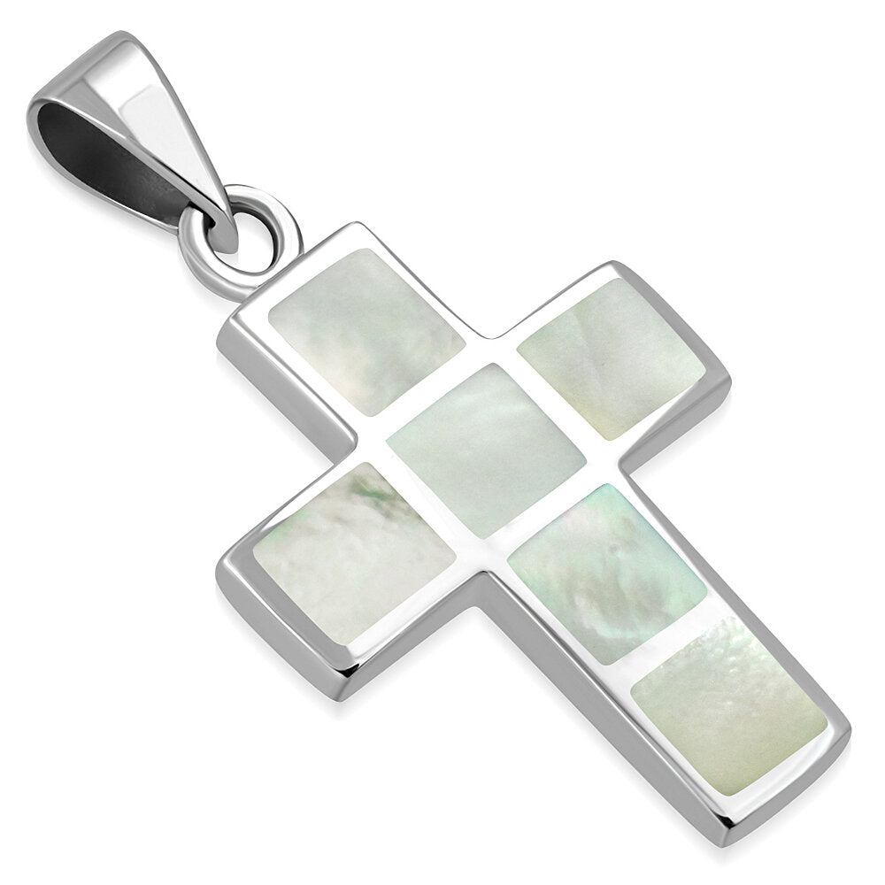 Contemporary Stone Pendant- Blocked Sleek Cross with Mother of Pearl