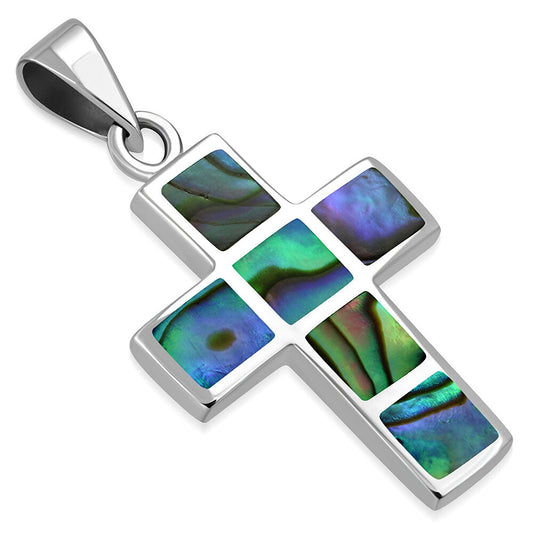 Contemporary Stone Pendant- Blocked Sleek Cross with Abalone Shell