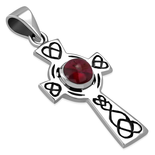 Celtic Cross Pendant - Looped Heart with Red Garnet