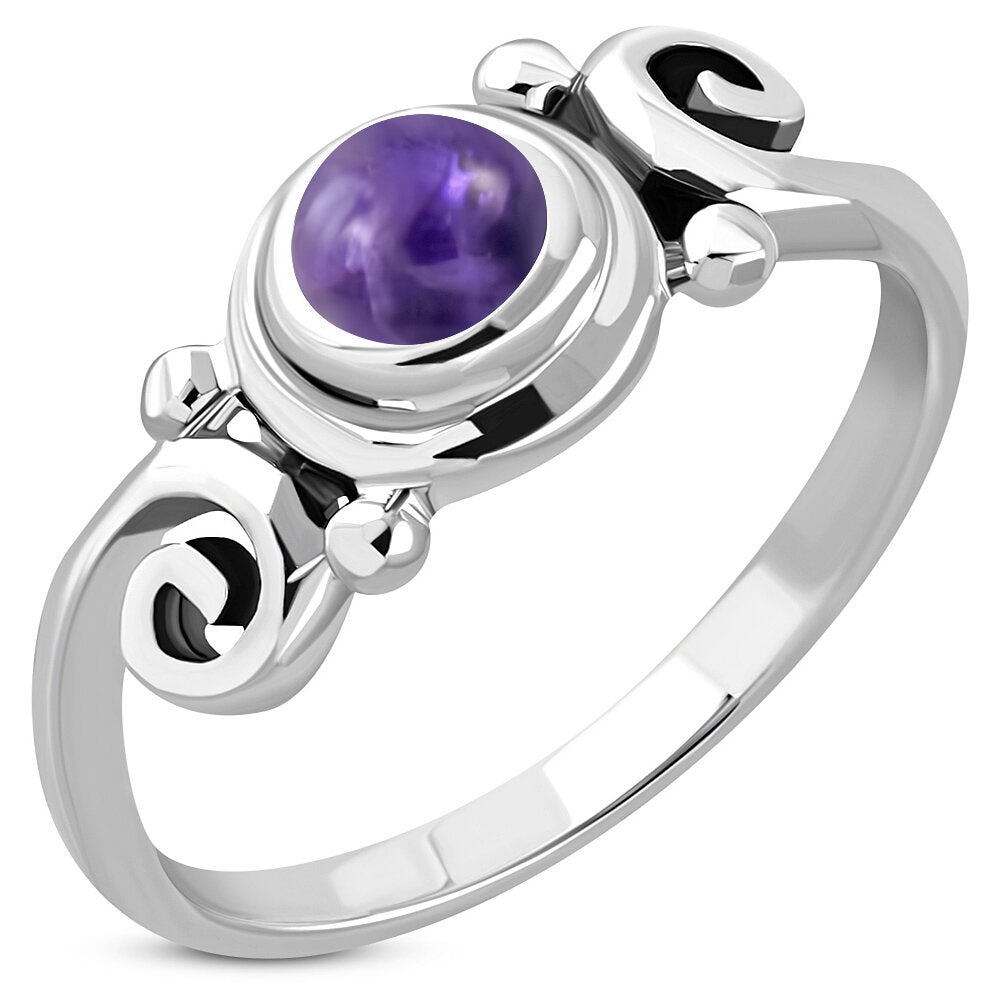 Contemporary Stone Ring- Swirl  Dotted Shoulder with Amethyst