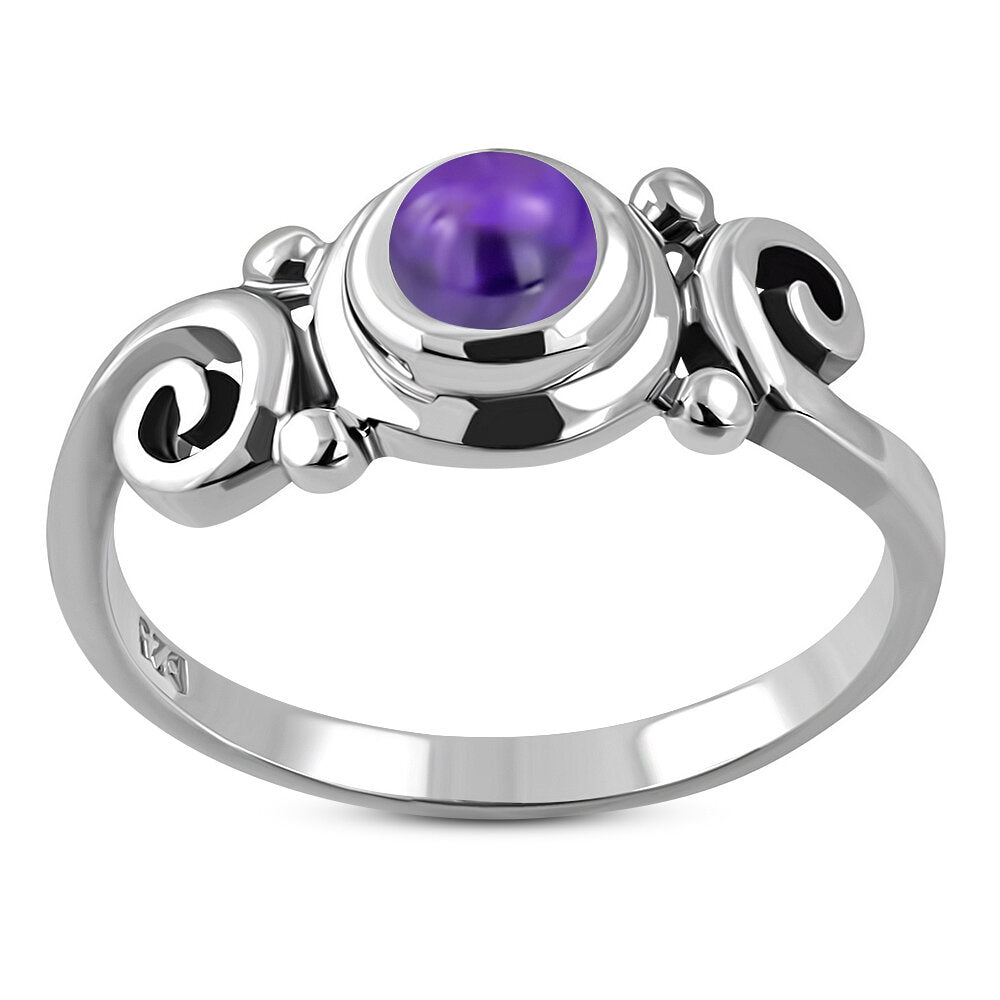 Contemporary Stone Ring- Swirl  Dotted Shoulder with Amethyst