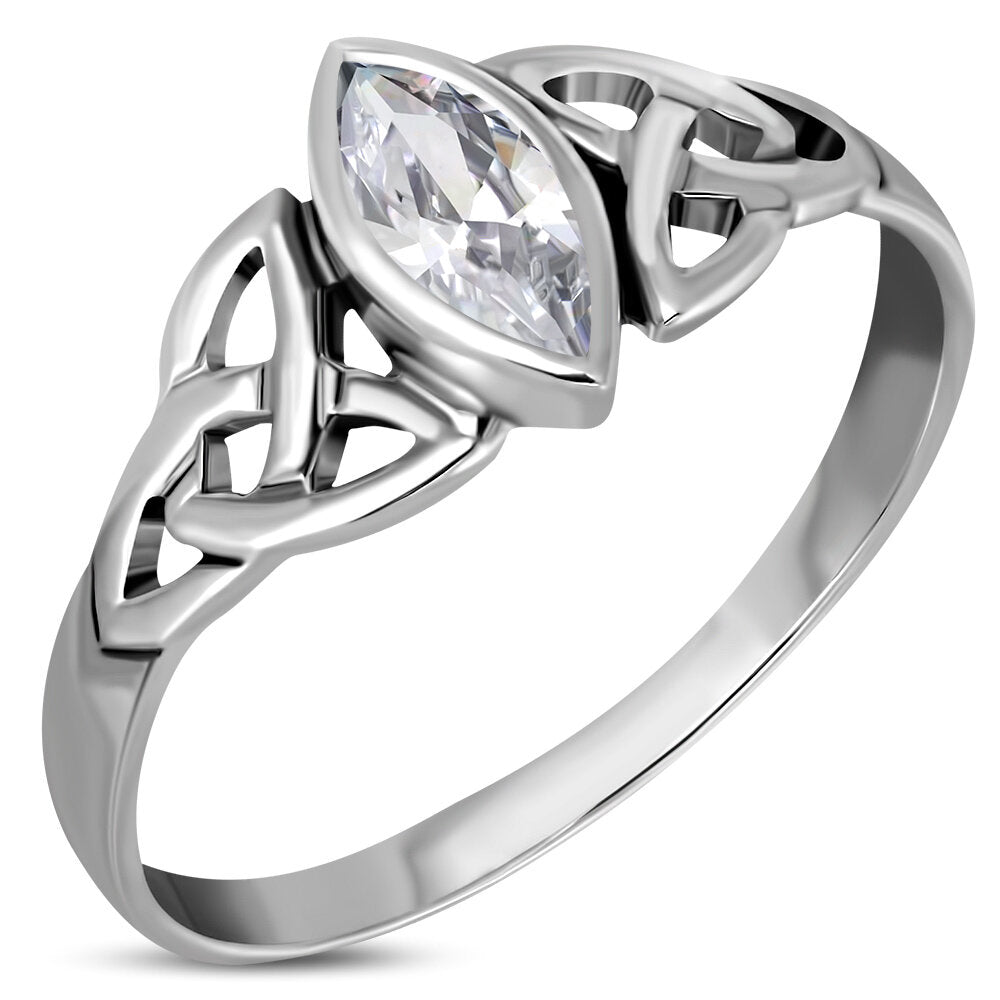 Celtic Stone Ring- Marquise Triquetra with Clear Zircon