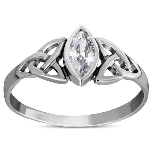 Celtic Stone Ring- Marquise Triquetra with Clear Zircon