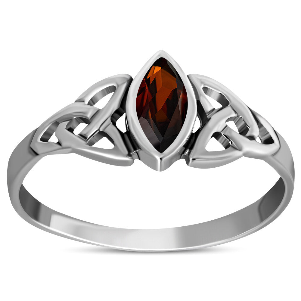 Celtic Stone Ring- Marquise Triquetra with Red Zircon