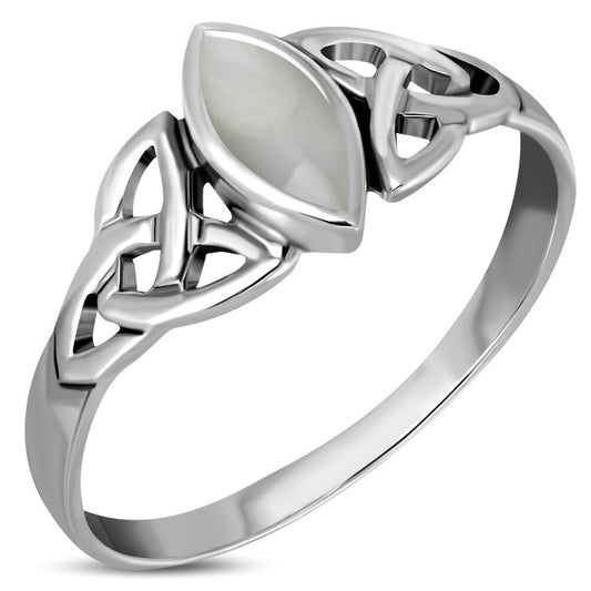 Celtic Stone Ring- Marquise Triquetra with Mother of Pearl