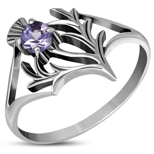 Scottish Thistle Ring - Spiky Leaf with Cut Amethyst (Large)