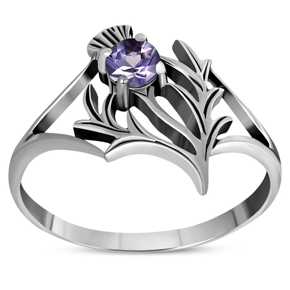 Scottish Thistle Ring - Spiky Leaf with Cut Amethyst (Large)