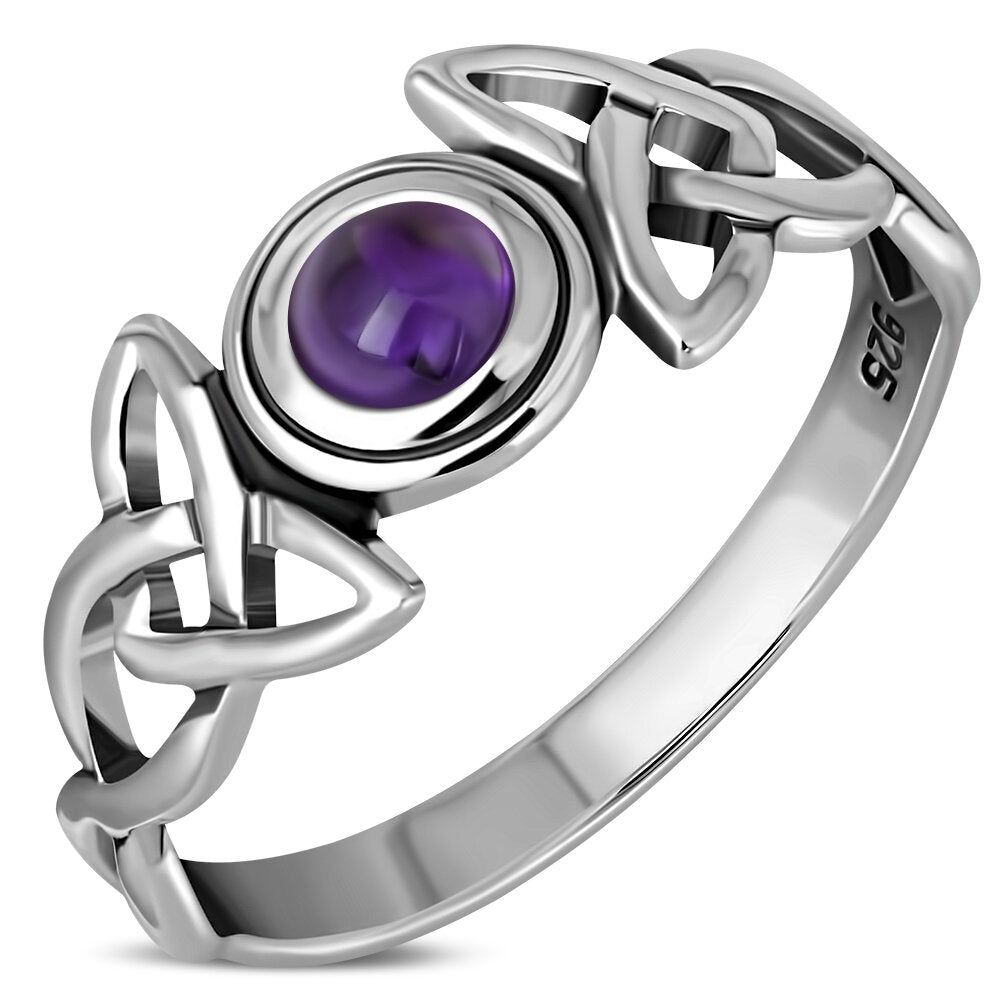 Celtic Stone Ring- Broad Triquetra wrap with Amethyst