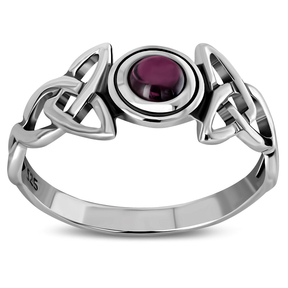 Celtic Stone Ring- Broad Triquetra with Red Garnet