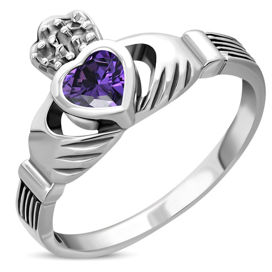 Claddagh Ring - Dotted Crown with Violet Zircon