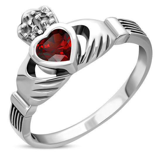 Claddagh Ring- Dotted Crown with Red Zircon