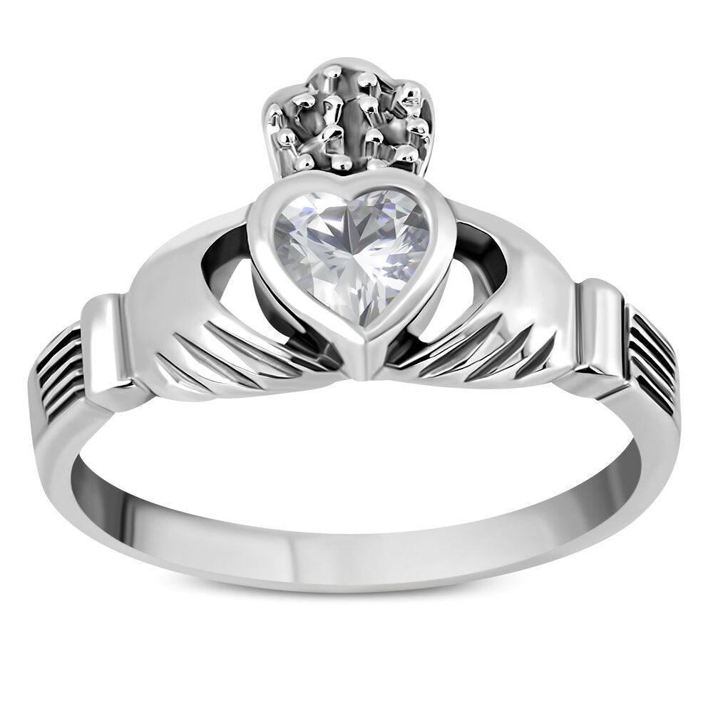 Claddagh Ring - Dotted Crown with Clear Zircon
