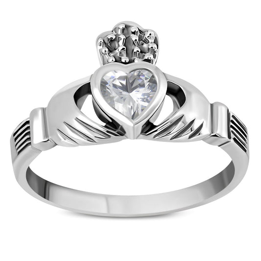 Claddagh Ring - Dotted Crown with Clear Zircon
