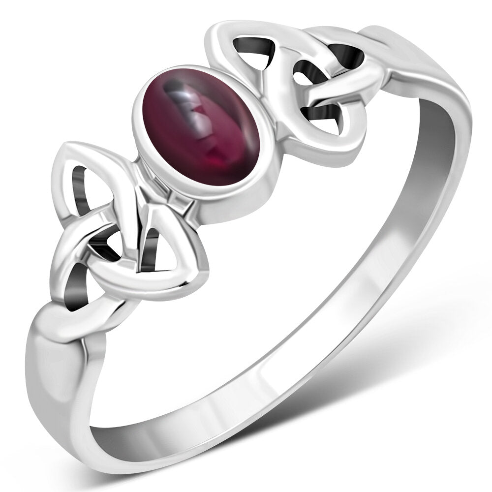 Celtic Stone Ring- Broad Triquetra wrap with Red Garnet