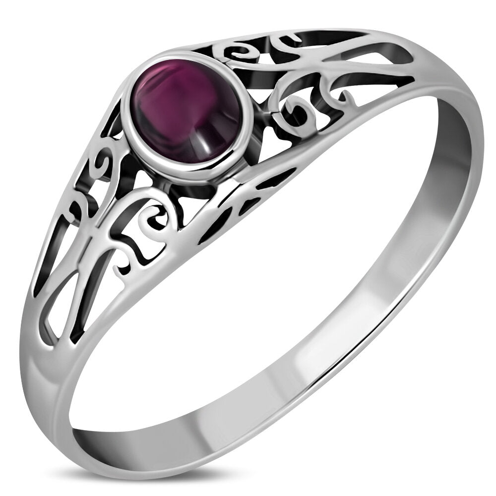 Contemporary Stone Ring- Lace Setting with Red Garnet