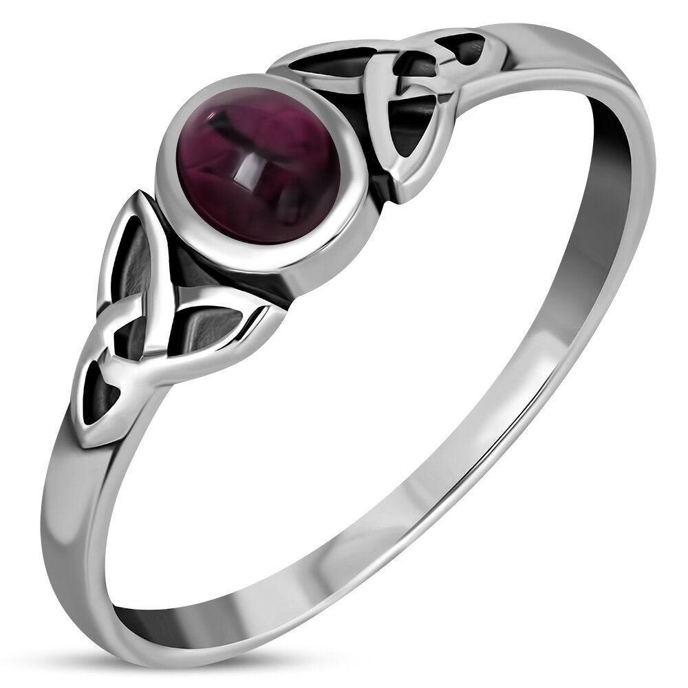 Celtic Stone Ring- Contrast Trinity with Red Garnet