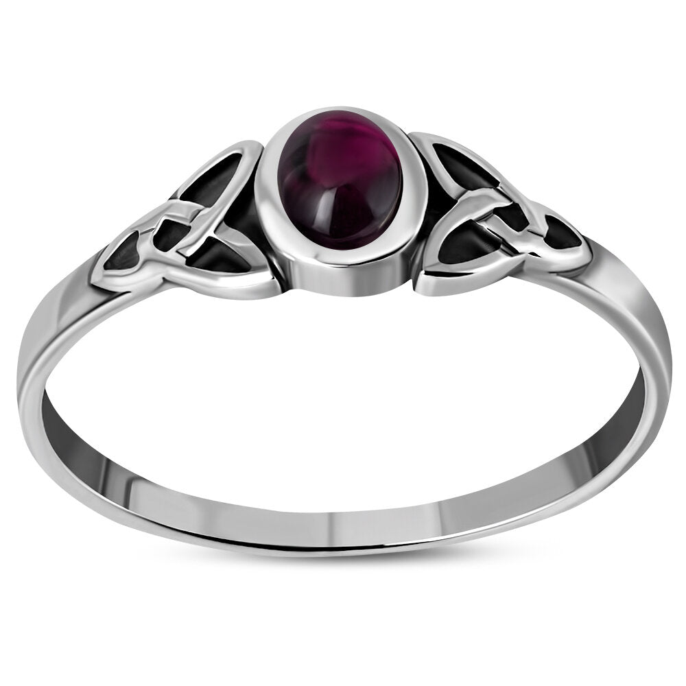 Celtic Stone Ring- Contrast Trinity with Red Garnet