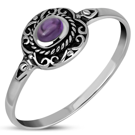 Contemporary Stone Ring- Vintage Swirl Frame with Amethyst