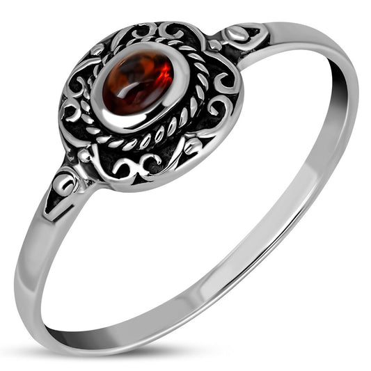 Contemporary Stone Ring- Vintage Swirl Frame with Red Garnet