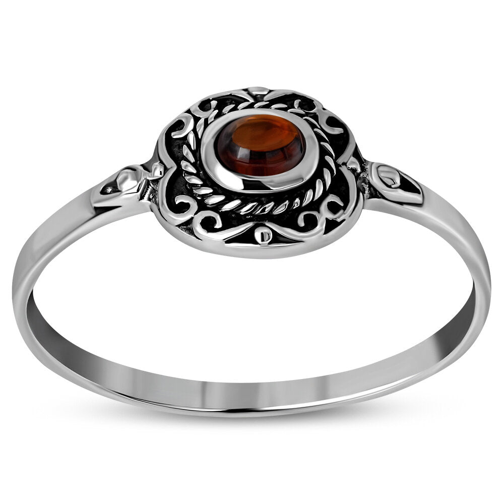 Contemporary Stone Ring- Vintage Swirl Frame with Red Garnet