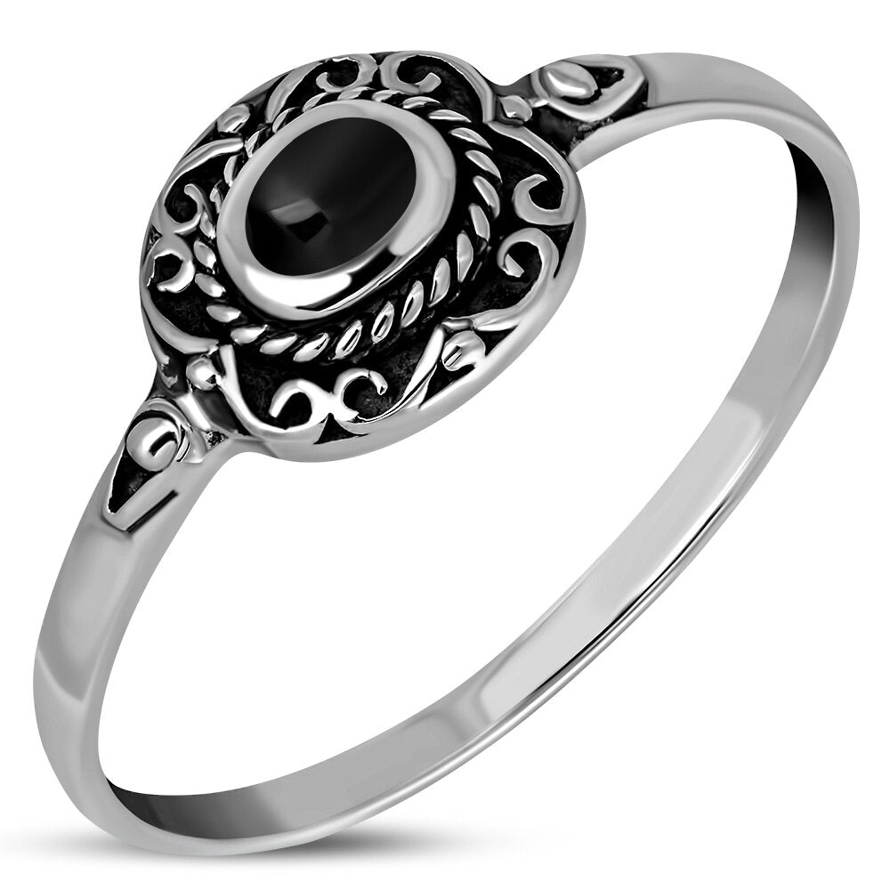 Contemporary Stone Ring- Vintage Swirl Frame with Black Onyx