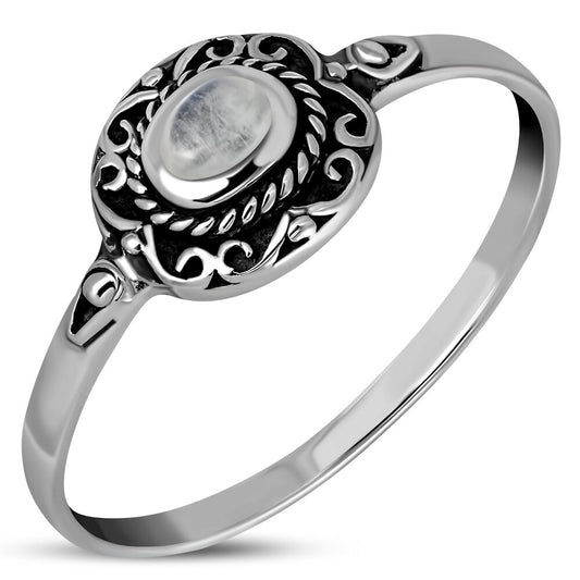 Contemporary Stone Ring- Vintage Swirl Border with Moonstone