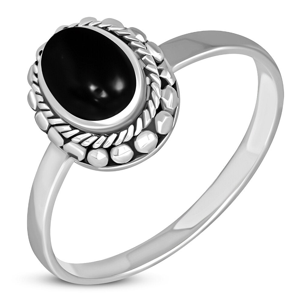 Contemporary Stone Ring- Oval Vintage Border with Black Onyx