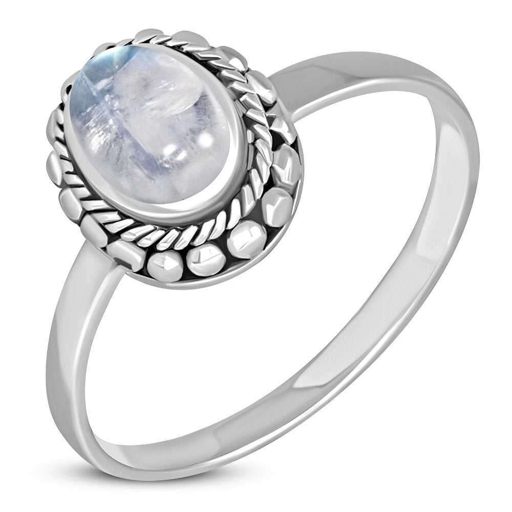Contemporary Stone Ring- Oval Vintage Border with Moonstone